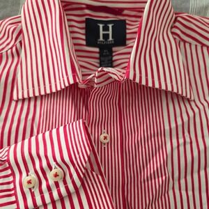 VTG Hilfiger Stripe Shirt Red White Variegated Long Sleeve Button Down Mens Sz M